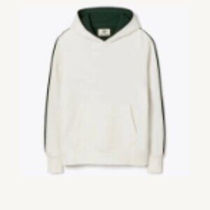 Tory Burch Tory Sport French Terry Two-Tone Hoodie in Ivory and Conifer Green, L